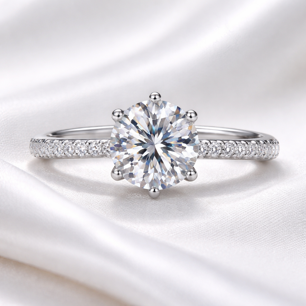 A photorealistic close‑up of a Swiss‑style engagement ring set with a moissanite or white sapphire centre stone on a white silk background, highlighting the metal setting and sparkle. Alt: diamond alternative gemstones for engagement rings
