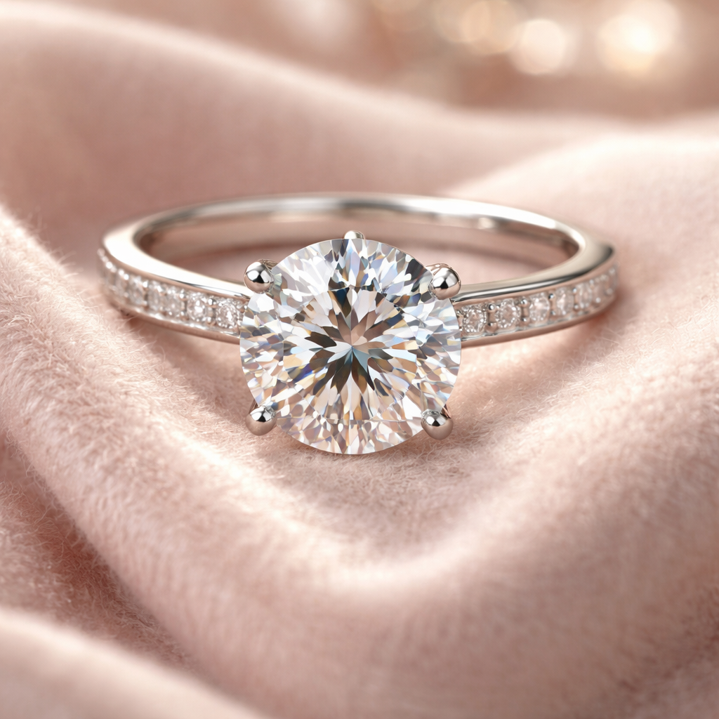 A photorealistic close‑up of a diamond engagement ring displaying cut facets, colour clarity, and carat weight on a soft velvet background, Swiss‑style elegance, appealing to women planning weddings. Alt: Diamond engagement ring 4 Cs detailed view.