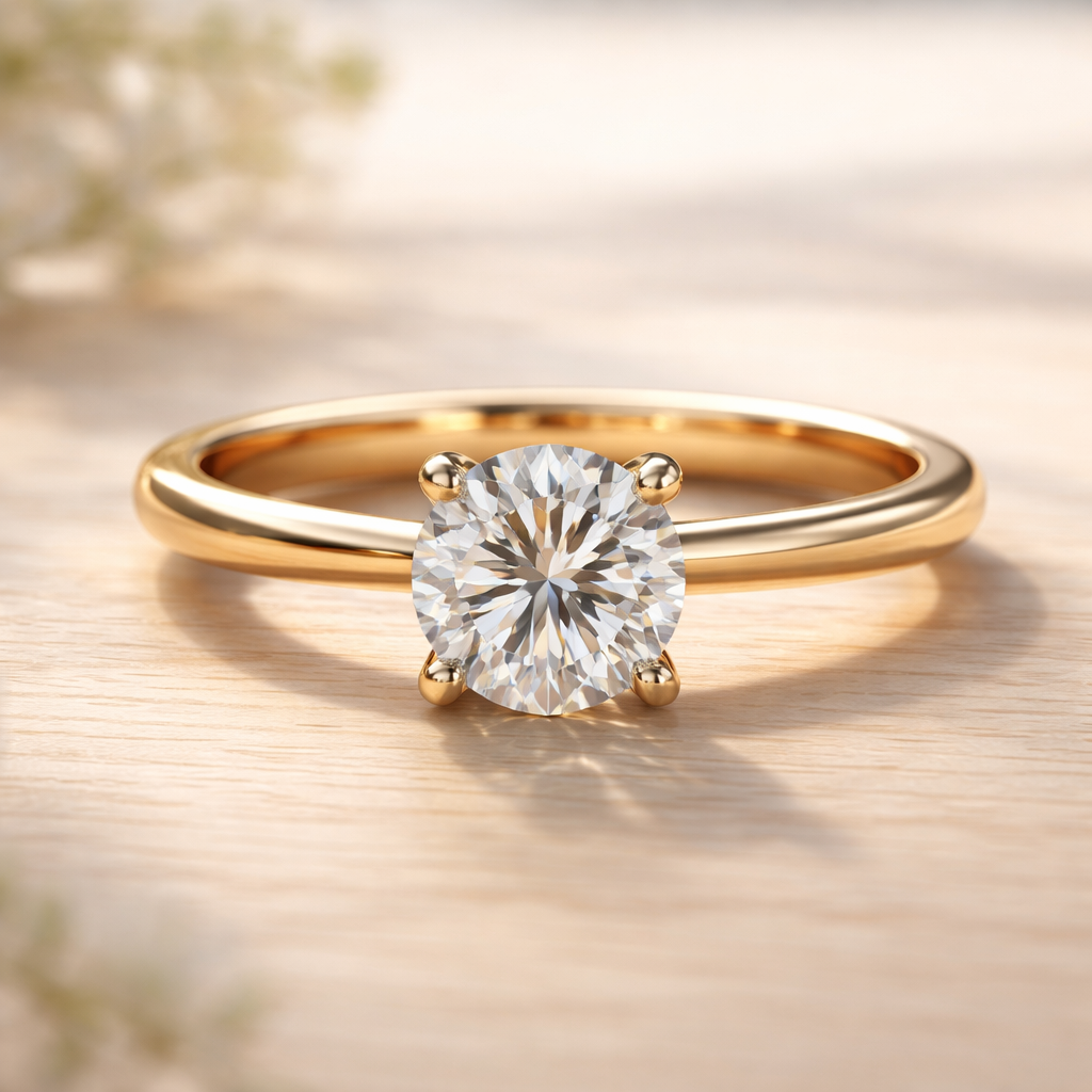 A photorealistic close‑up of a diamond engagement ring resting on a light‑wood table, soft natural light highlighting the cut, the yellow gold band, and the sparkling diamond, appealing to women in Switzerland and the UK. Alt: Diamond engagement ring details showing ethical craftsmanship.