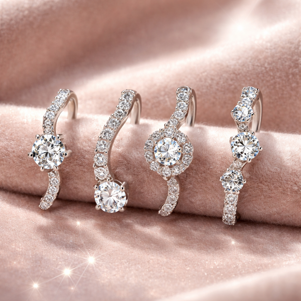 A Realism image showing a close‑up of four diamond helix earrings—solitaire, pavé‑lined, halo‑backed, and a two‑stone combo—arranged on a soft velvet background, highlighting their sparkle and curve for an affluent UK audience. Alt: Diamond helix earrings comparison