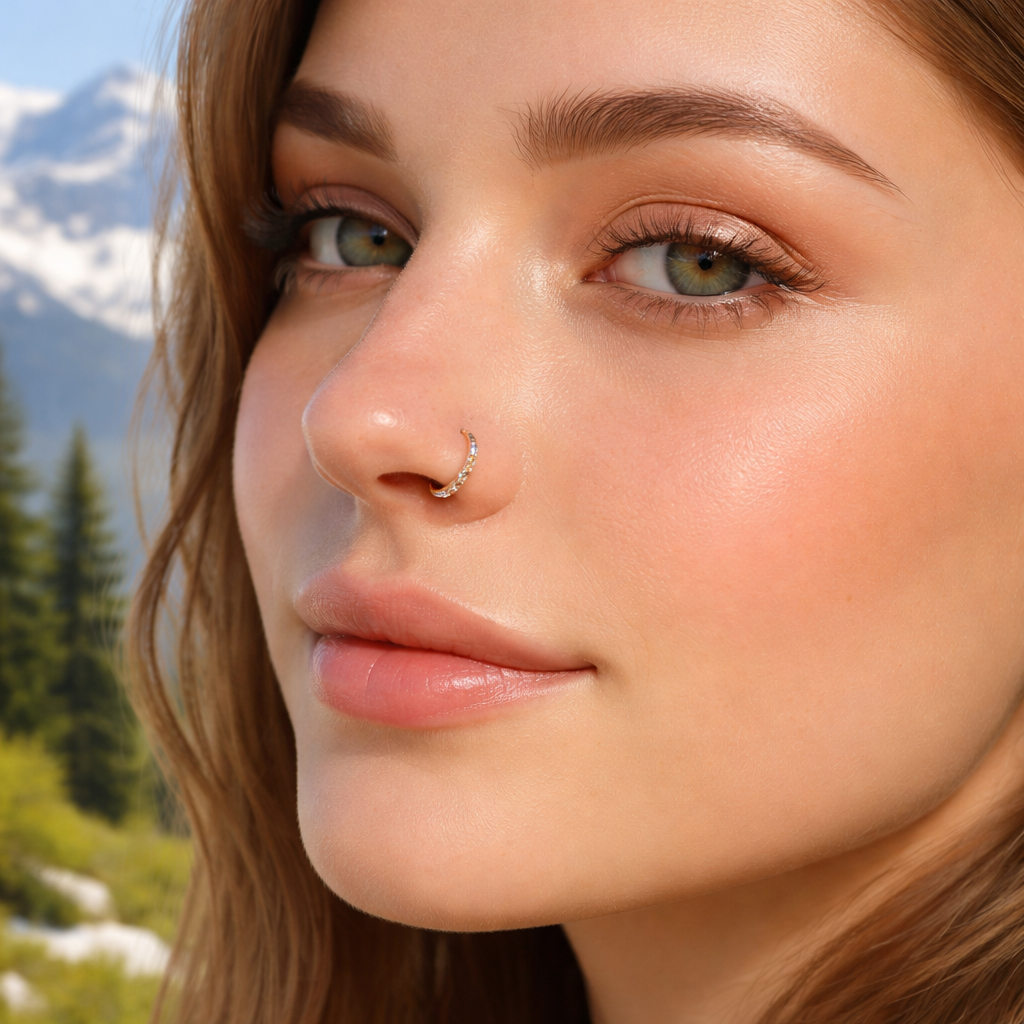 A photorealistic close‑up of a woman's face wearing the premium 14K gold diamond hoop nose ring, soft natural lighting highlighting the sparkle, set against a subtle Swiss alpine backdrop. Alt: Premium 14K gold diamond hoop nose ring on a woman's nose, showcasing elegance and sparkle.