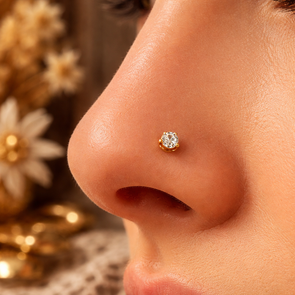 A photorealistic close-up of a diamond nose piercing on a nostril with a delicate 18G gold stud, illuminated by warm Alpine-inspired studio light; soft background evoking Swiss craftsmanship. Alt: diamond nose piercing close-up in gold setting, Cervin Blanc Swiss jewellery aesthetic.