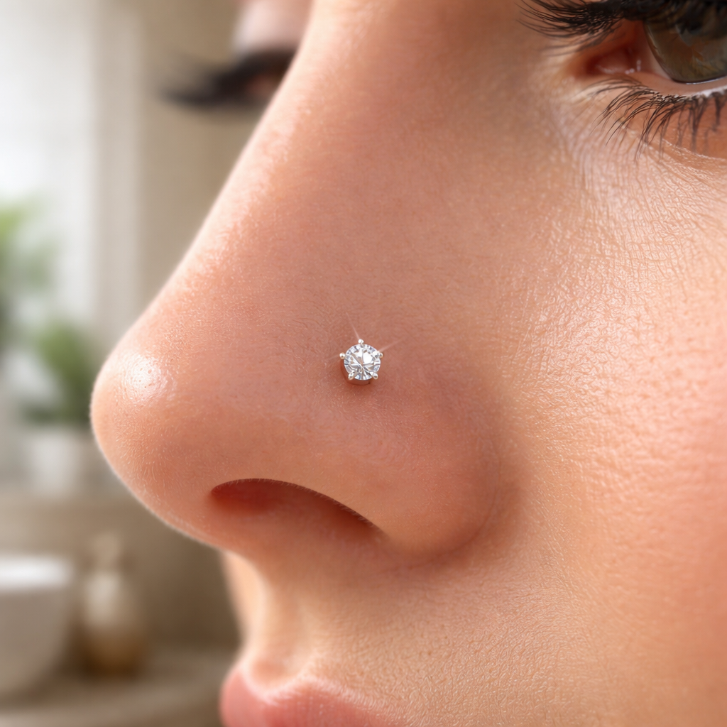 A photorealistic close-up of a woman's nose wearing a white-gold diamond nose stud, the stone sparkling under natural light with soft, neutral bathroom styling in the background. Alt: Diamond nose piercing in white gold setting sparkling in natural light.