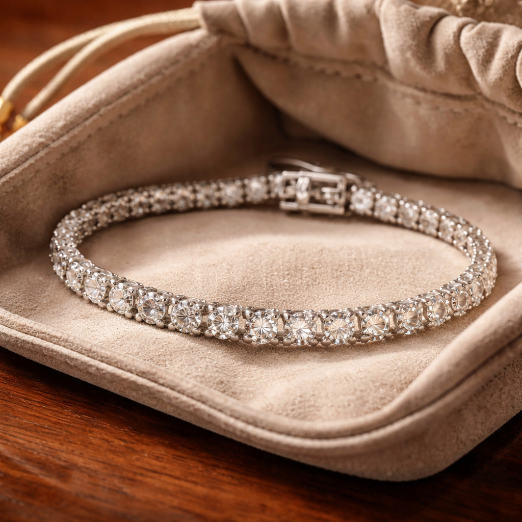 A photorealistic close‑up of a diamond veneer bracelet lying in a soft travel pouch on a polished wooden surface, showing the delicate clasp and sparkle. Alt: diamond veneer bracelet care and maintenance.