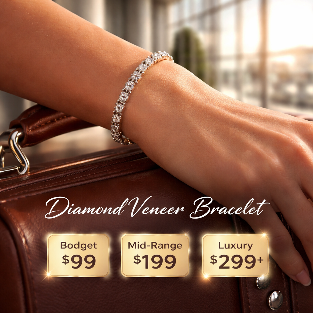 A photorealistic close‑up of a woman’s wrist wearing a diamond veneer bracelet on a sleek leather suitcase, sunlight streaming through an airport terminal, highlighting the sparkle and metal finish. Alt: diamond veneer bracelet price visual guide for savvy travelers.