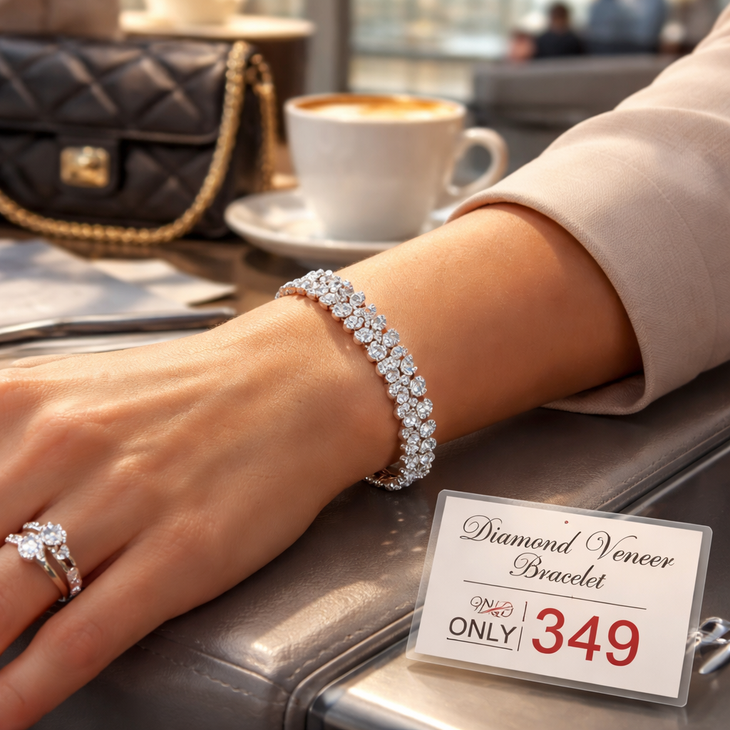 A photorealistic close‑up of a woman's wrist wearing a diamond veneer bracelet on a sleek airport lounge bench, highlighting the sparkle and price tag details. Alt: diamond veneer bracelet price decision making.