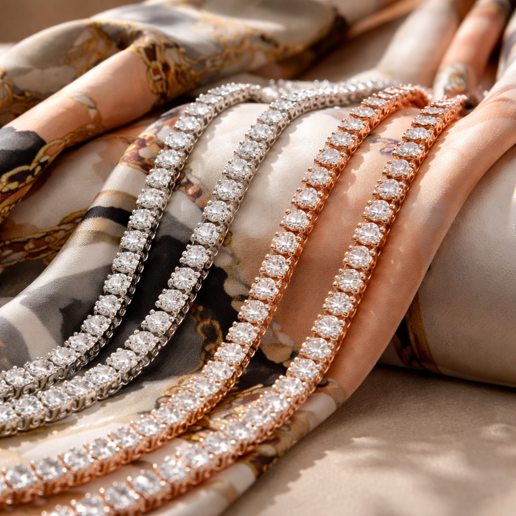 A photorealistic close‑up of a diamond veneer chain necklace draped over a travel‑ready silk scarf, showing silver, white gold, and rose gold options side by side, with soft natural lighting, realistic style.