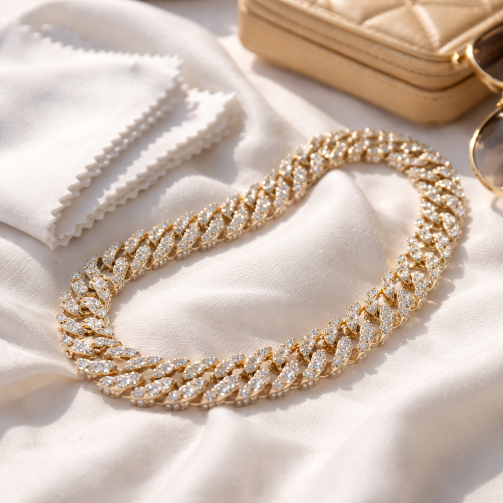 A photorealistic close‑up of a diamond veneer chain necklace resting on a soft white cloth beside a lint‑free microfiber cloth, natural daylight highlighting the sparkle, styled for a sophisticated female traveler.