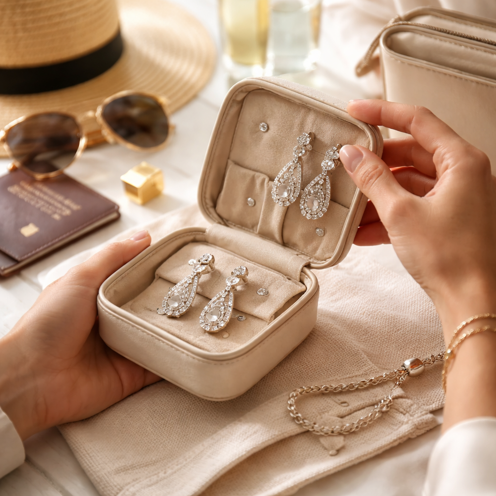 A photorealistic scene of a stylish woman packing a sleek travel pouch with diamond veneer earrings inside, soft natural lighting, realistic textures, showcasing the earrings as a travel‑friendly accessory. Alt: Travel‑friendly diamond veneer earrings in a packing pouch.