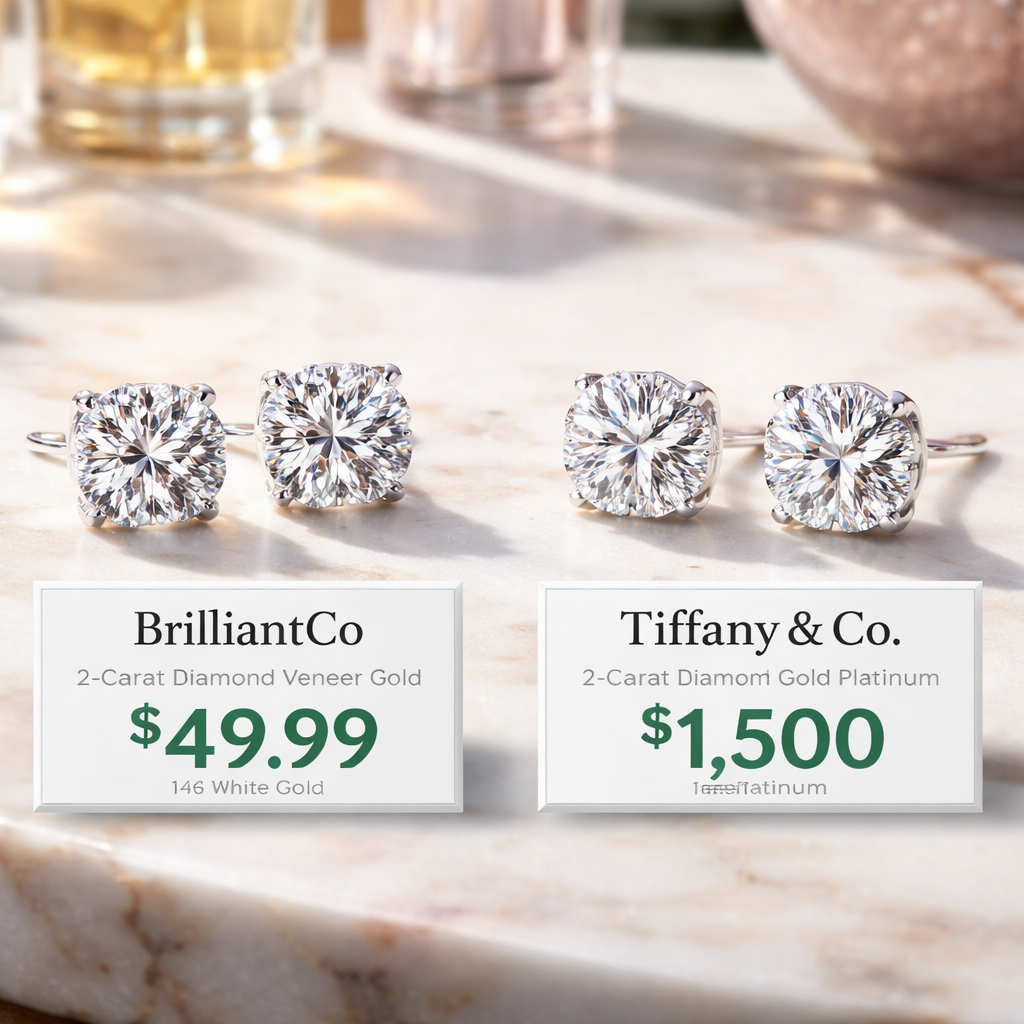 A photorealistic close‑up of two diamond veneer earring pairs on a vanity, each with a price tag showing different brand names and price points. Alt: diamond veneer earrings price comparison chart.