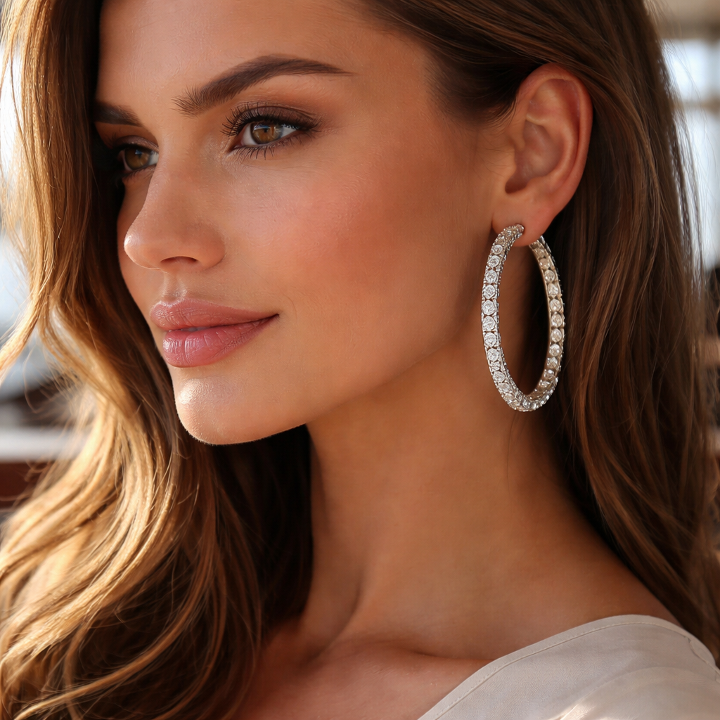 A photorealistic close‑up of a woman wearing diamond veneer hoop earrings, showing the metal setting and cubic zirconia stones, soft natural light, background of an airport lounge, appealing to stylish travelers. Alt: diamond veneer hoop earrings close up.