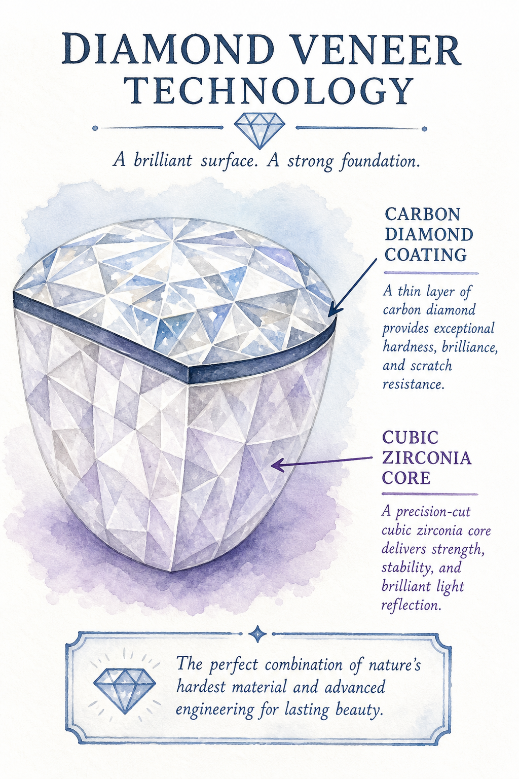 Watercolor illustration showing the layered structure of a diamond veneer stone: a cubic zirconia core with a thin carbon diamond coating, with arrows labeling each layer. Alt: Diagram of diamond veneer technology showing cubic zirconia core and carbon diamond coating.