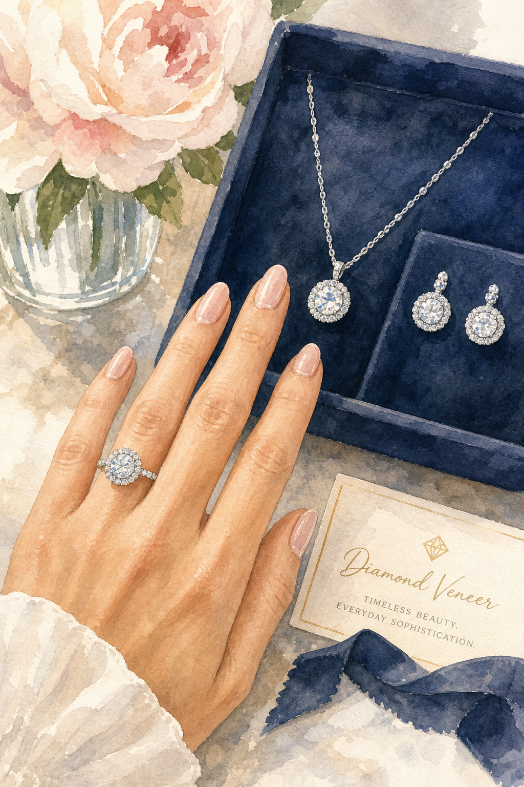 Watercolor illustration of a woman's hand trying on a Diamond Veneer ring with a halo setting, with a necklace and earrings displayed on a velvet tray. Alt: Styling diamond veneer jewelry set for a sophisticated look.