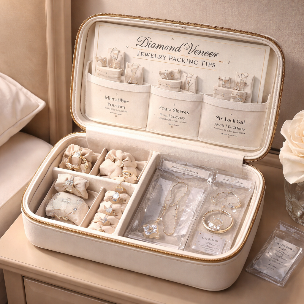 A photorealistic scene of a luxury travel jewelry case open on a bedside table, showing soft microfiber pouches, foam sleeves, zip‑lock bags with silica packets, and a stylish printed label. Light falls softly, highlighting the diamond veneer pieces. Alt: diamond veneer jewelry packing tips visual guide.