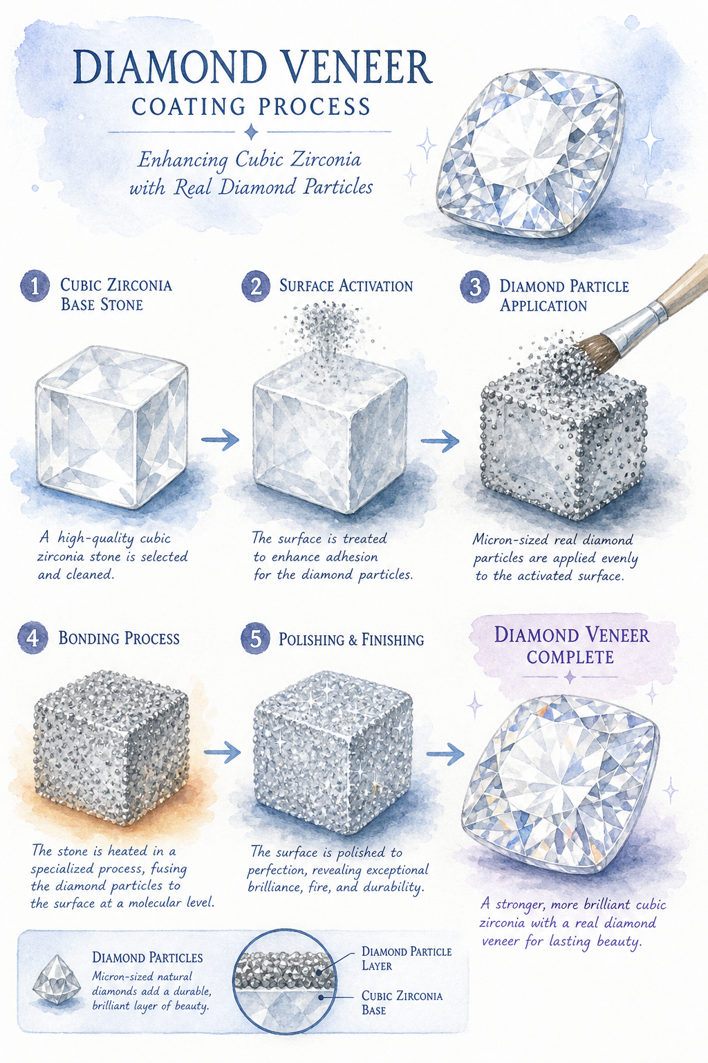 A watercolor illustration of a cubic zirconia crystal being coated with tiny diamond particles, showing the process of diamond veneer application. Alt: Diamond veneer coating process on cubic zirconia