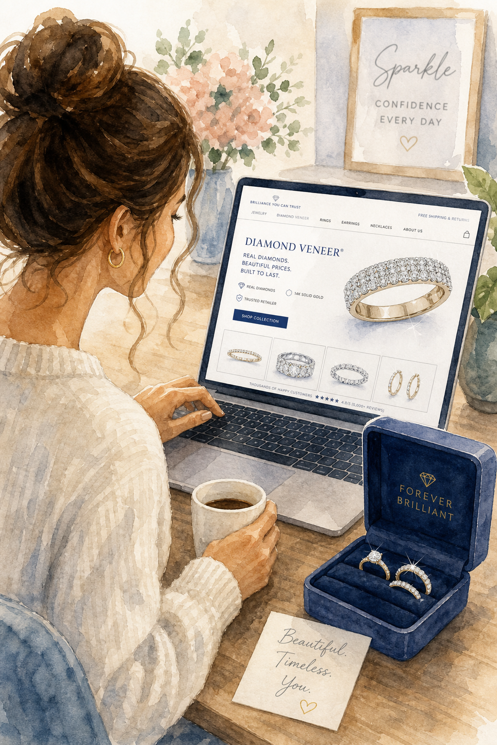 A watercolor illustration of a woman shopping online for jewelry on a laptop, with a jewelry box open showing sparkling rings. Alt: Woman buying diamond veneer jewelry online from a trusted retailer
