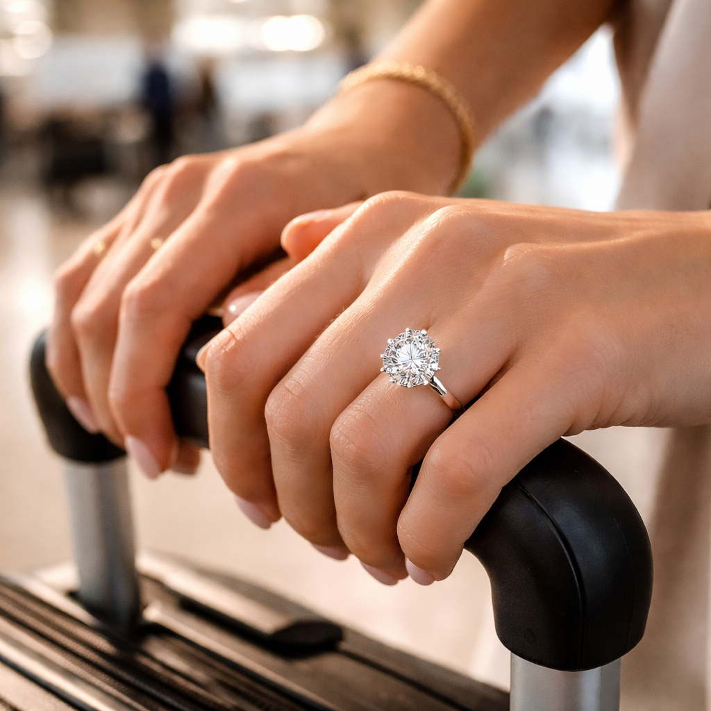 A photorealistic close‑up of a diamond veneer stud earring glinting on a woman’s hand as she adjusts her carry‑on suitcase, soft airport lighting highlighting the G‑color sparkle. Alt: Diamond veneer jewelry reviews showcasing travel‑friendly sparkle.