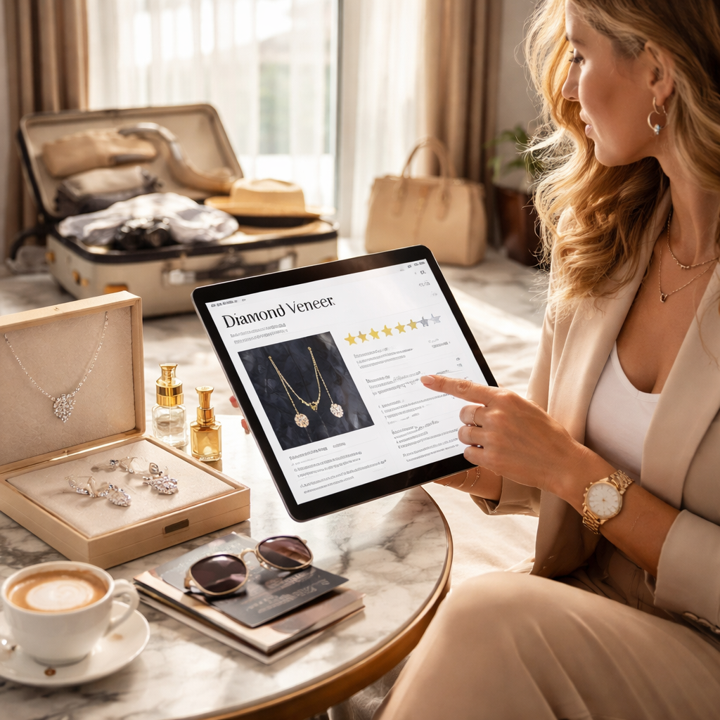 A photorealistic scene of a stylish traveler in a chic hotel room evaluating a Diamond Veneer jewelry set on a tablet, with travel essentials in the background. Alt: Diamond Veneer jewelry reviews evaluation scene for stylish travelers.