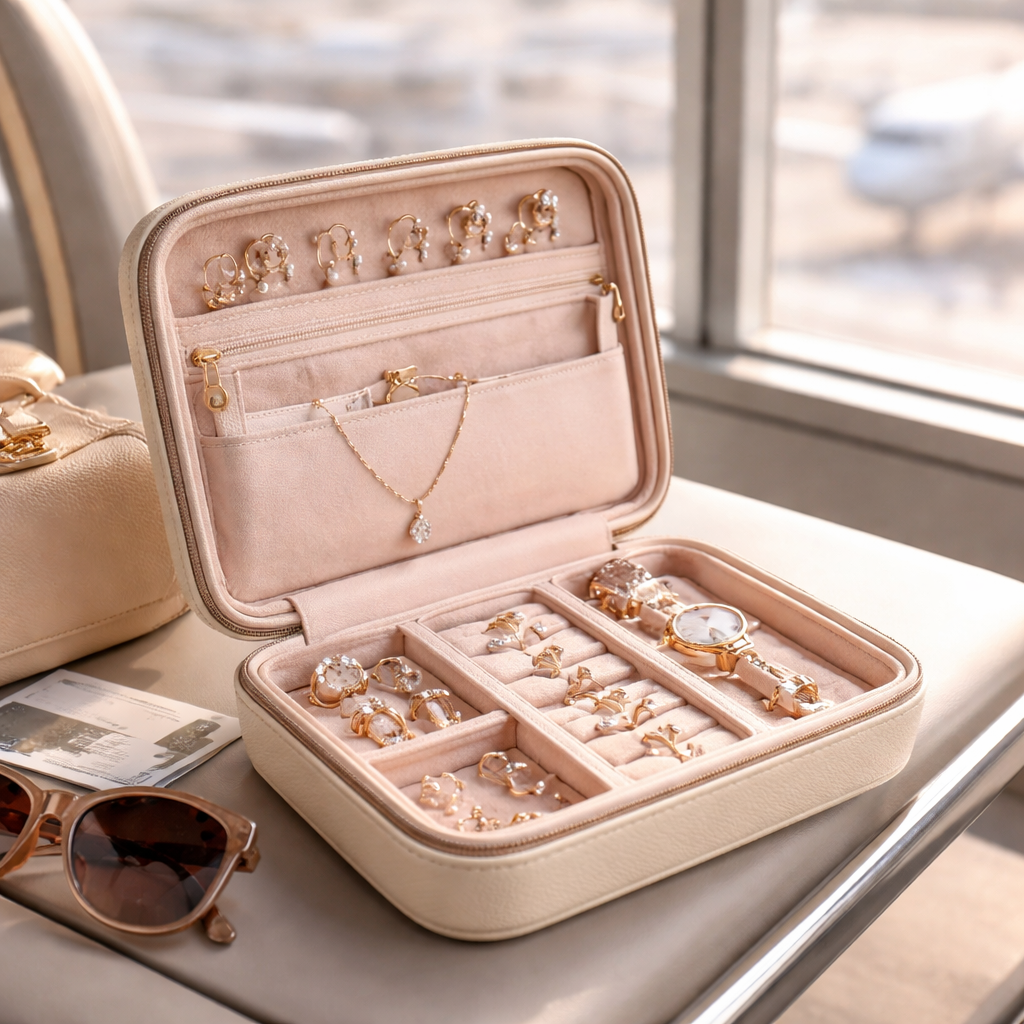 A photorealistic scene of a luxury travel jewelry case opened on a sleek airport bench, velvet interior showing separate zip pockets for earrings, ring trays, and a soft sleeve for a necklace, soft natural lighting, Realism style, appealing to fashionable women travelers.
