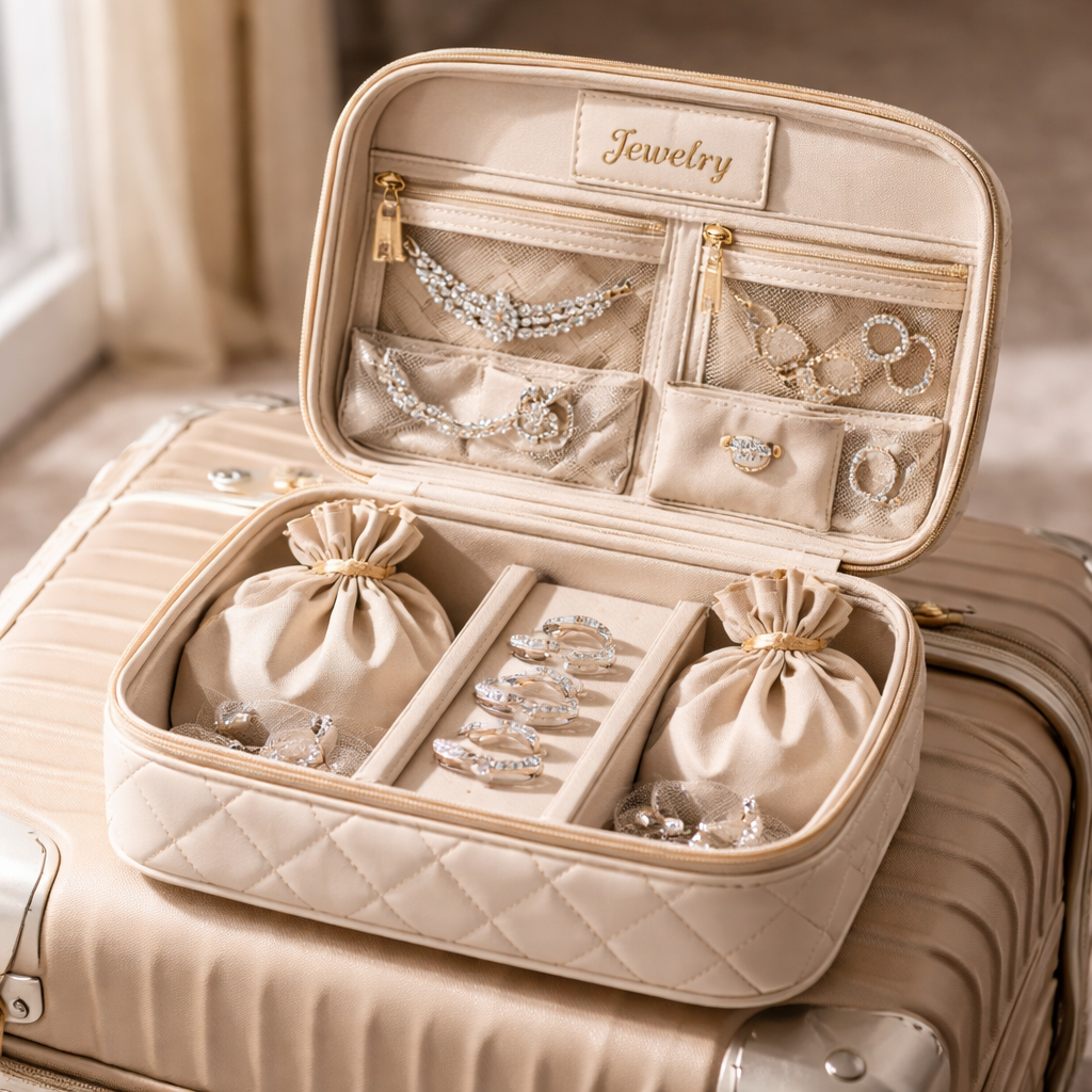 A photorealistic scene of a stylish travel jewelry case open on a suitcase, showing zippered compartments filled with diamond veneer pieces, soft cloth pouches, and a label that reads “Jewelry”. Alt: diamond veneer jewelry travel guide packing and protection visual.