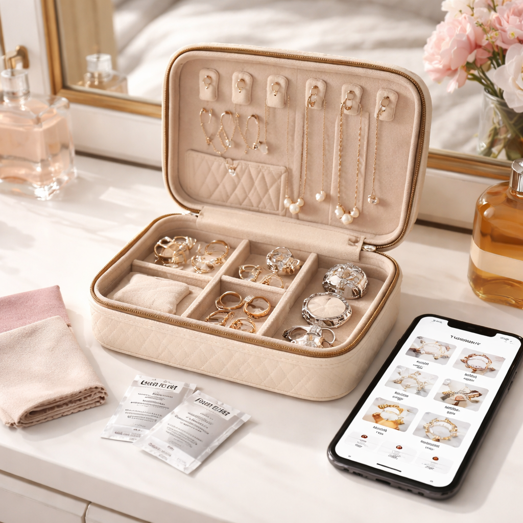 A photorealistic scene of a stylish travel jewelry case opened on a bedroom dresser, soft microfiber cloths and silica‑gel packets beside it, a phone displaying a jewelry inventory app. Alt: diamond veneer jewelry travel guide post‑trip care image.