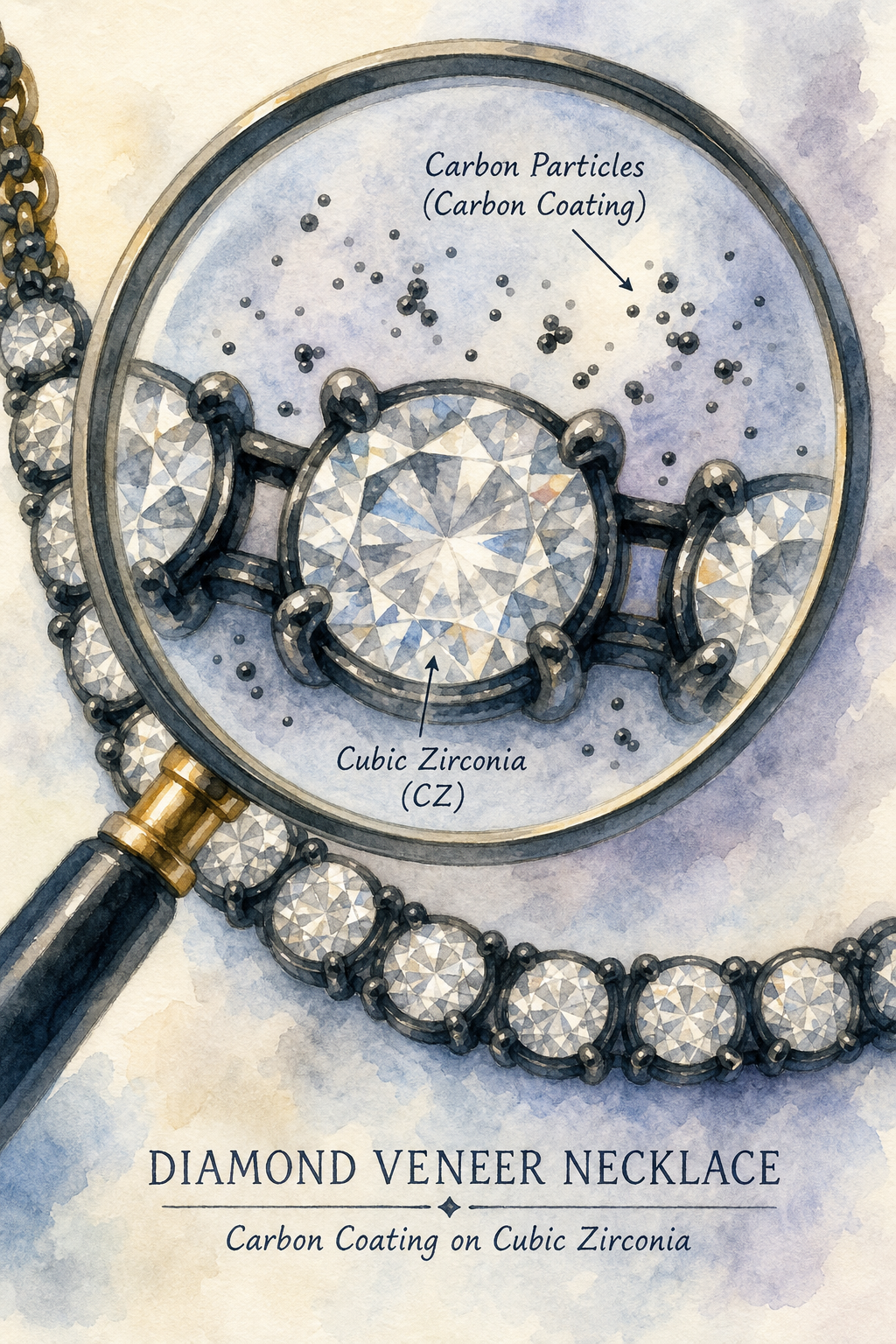 A watercolor illustration of a magnifying glass over a sparkling diamond veneer necklace, with tiny carbon particles floating around the gemstone. Alt: close-up of diamond veneer necklace showing carbon coating on cubic zirconia