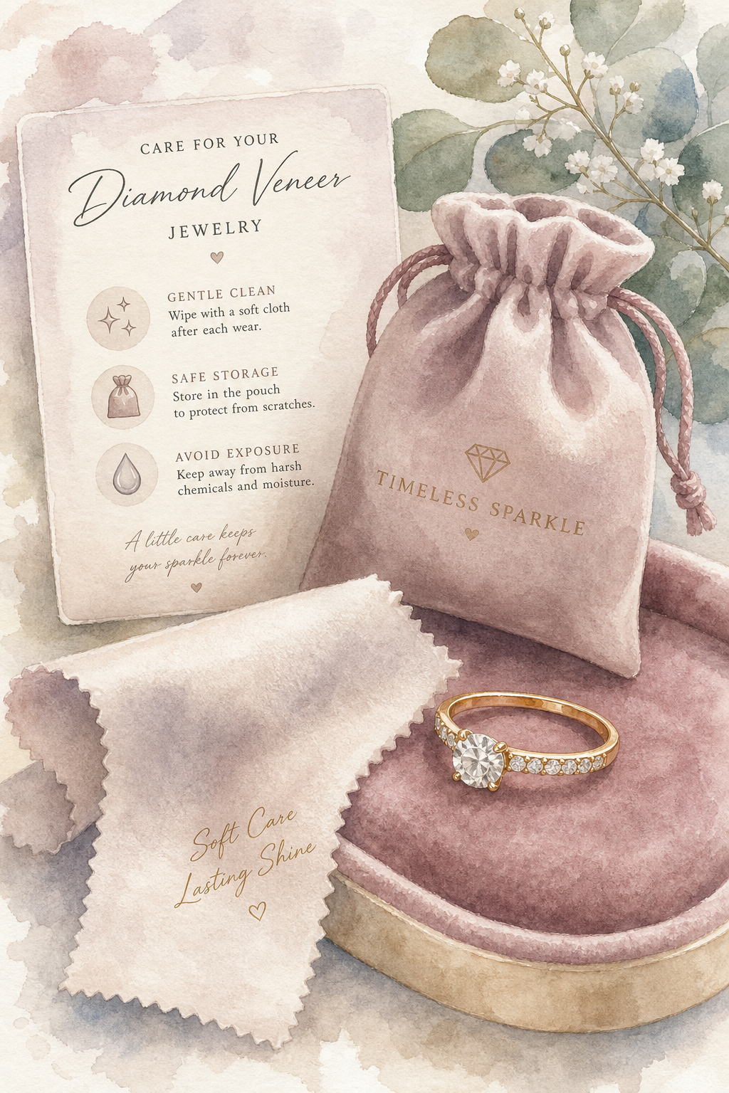 A watercolor illustration of a jewelry care set: soft cloth, pouch, and a diamond veneer ring gently placed on a velvet surface. Alt: caring for diamond veneer jewelry with soft cloth and storage pouch