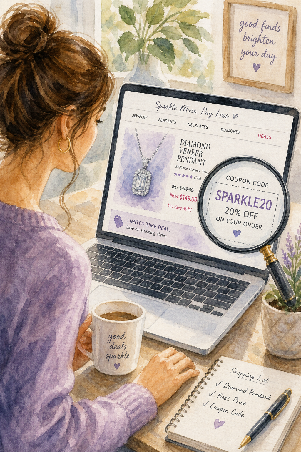 A watercolor illustration of a woman browsing jewelry deals on a laptop, with a magnifying glass highlighting a discount code. Alt: Woman finding diamond veneer pendant coupon codes online