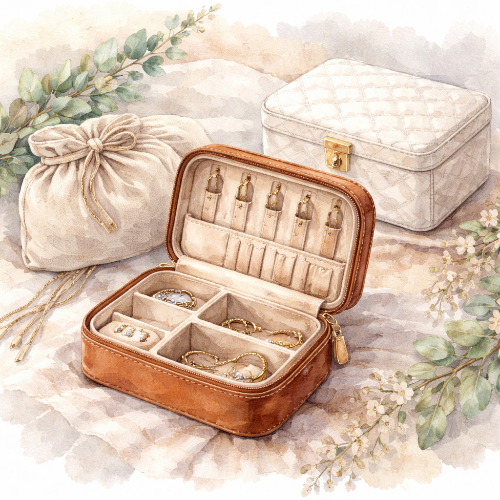 Watercolor illustration of a sleek leather travel jewelry case beside a soft fabric pouch and a sturdy hard‑shell box, showing texture and interior compartments. Alt: diamond veneer travel jewelry case material comparison