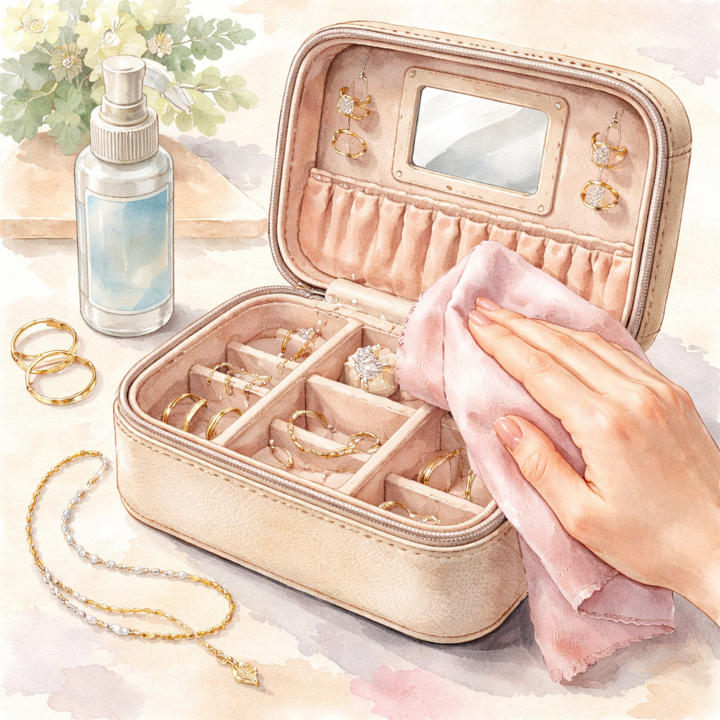 Watercolor scene of a hand cleaning a travel jewelry case with a soft cloth, showing leather, fabric, and interior lining details. Alt: diamond veneer travel jewelry case cleaning guide