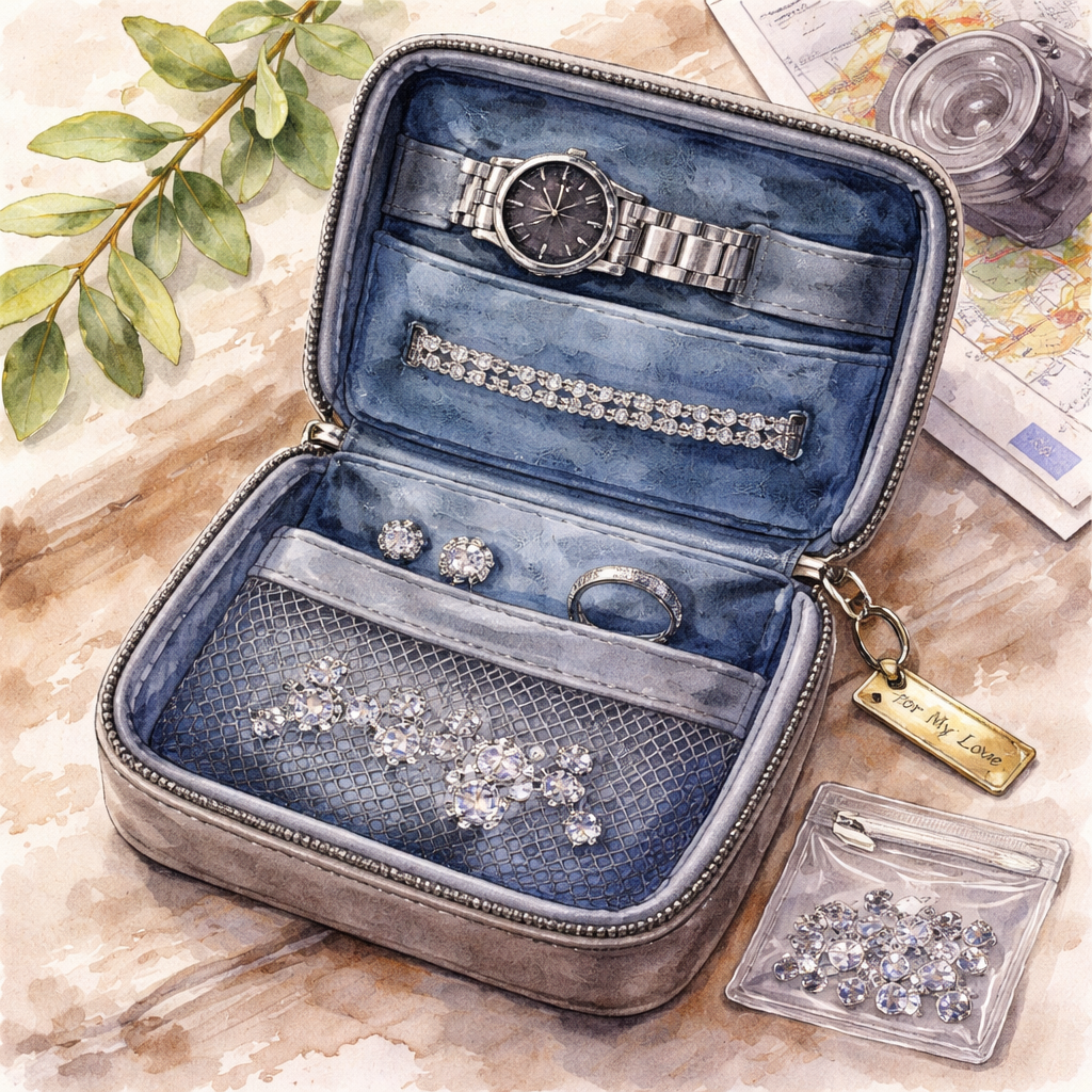 A watercolor scene of a travel pouch with a velvet interior, a zip‑lock bag, and a tiny engraved tag. Alt: diamond veneer travel jewelry gift for husband packing watercolor illustration