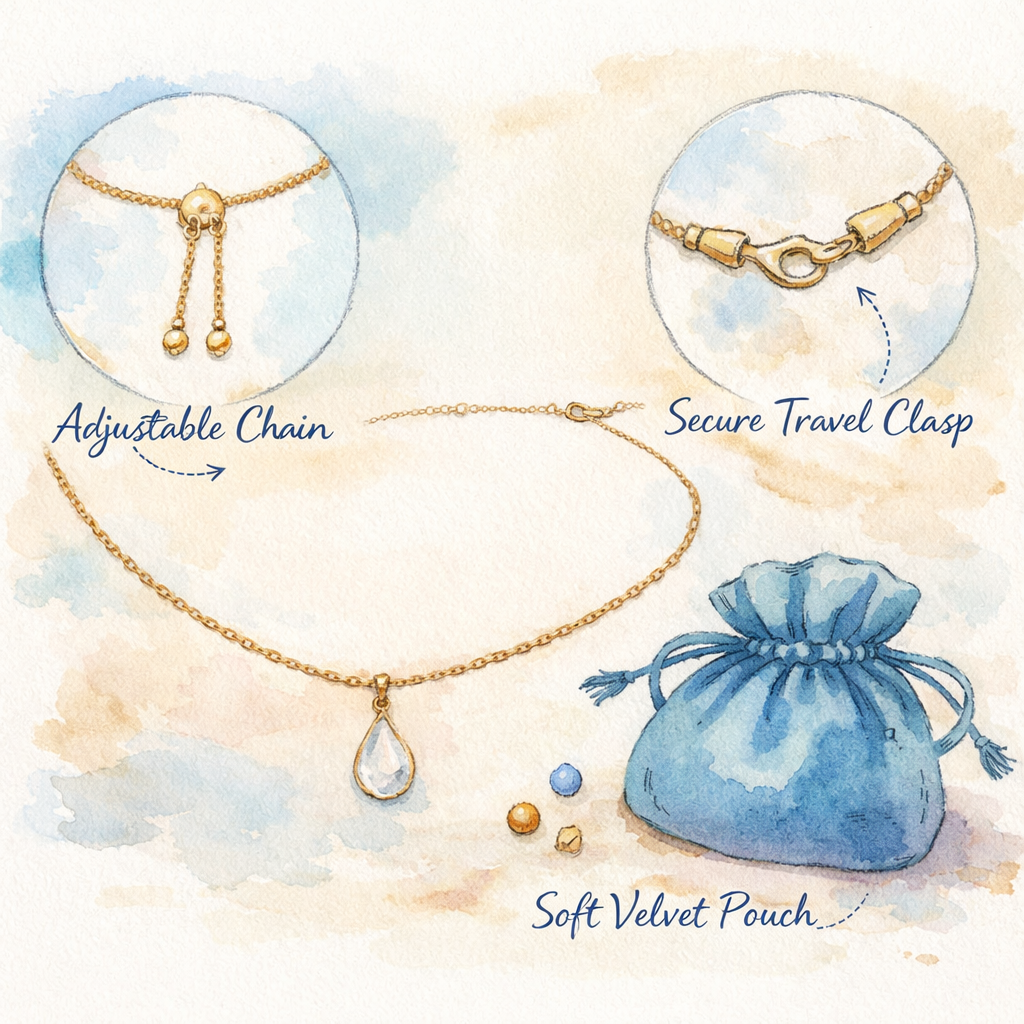 A watercolor illustration of a delicate necklace with an adjustable chain, showing a travel‑friendly clasp and a soft velvet pouch. Alt: travel jewelry safety features illustration