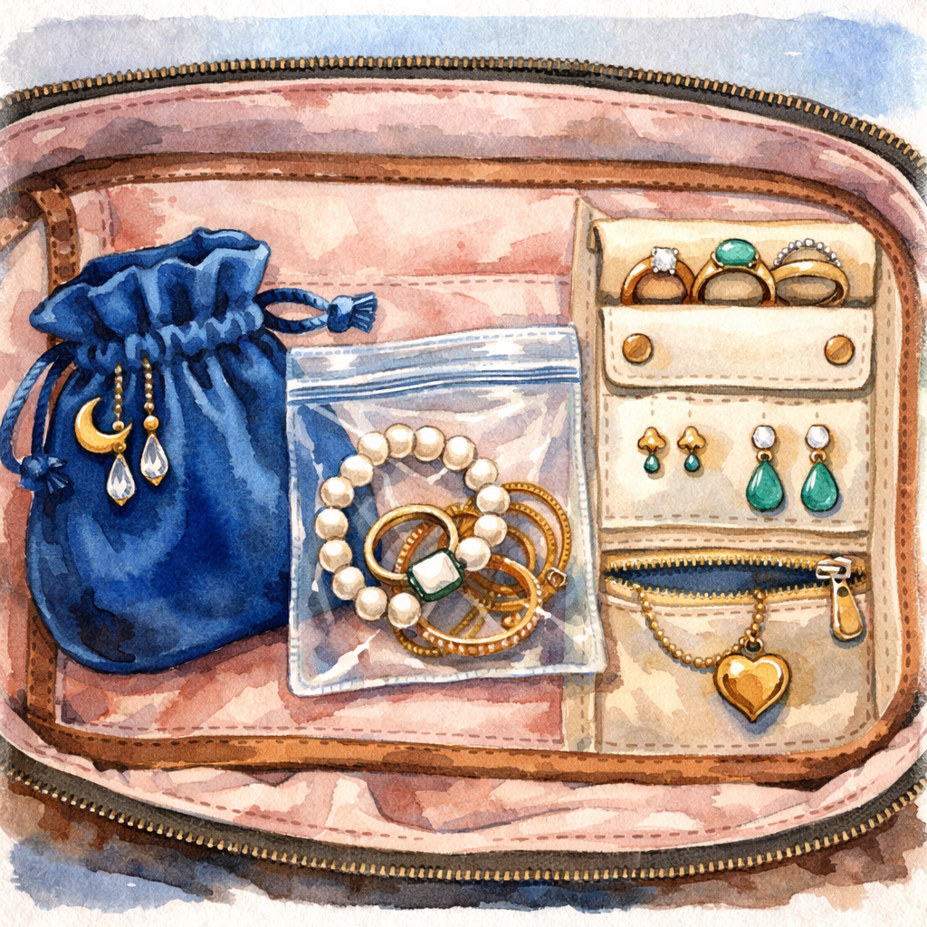 A watercolor scene of a travel bag interior showing a velvet pouch, zip‑locked bag, and a dedicated jewelry pocket. Alt: travel jewelry packing illustration