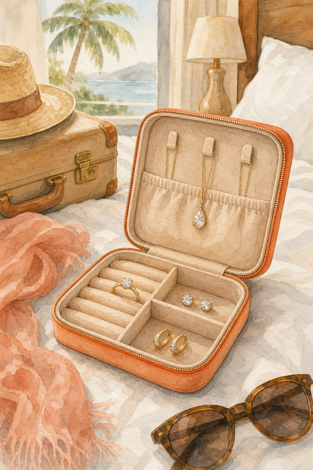 A watercolor illustration of a travel jewelry organizer laid open on a hotel bed, with a ring, earrings, and a pendant peeking out from compartments. The scene has soft pastel tones and a sense of calm travel readiness. Alt: Travel jewelry organizer with Diamond Veneer pieces inside.