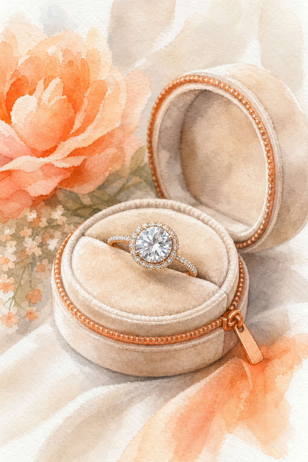 A watercolor of a delicate ring with a round solitaire center, surrounded by a halo of tiny stones, sitting on a soft velvet travel pouch. The image conveys elegance and portability. Alt: Diamond Veneer 1CT round cubic zirconia engagement ring set with halo design.