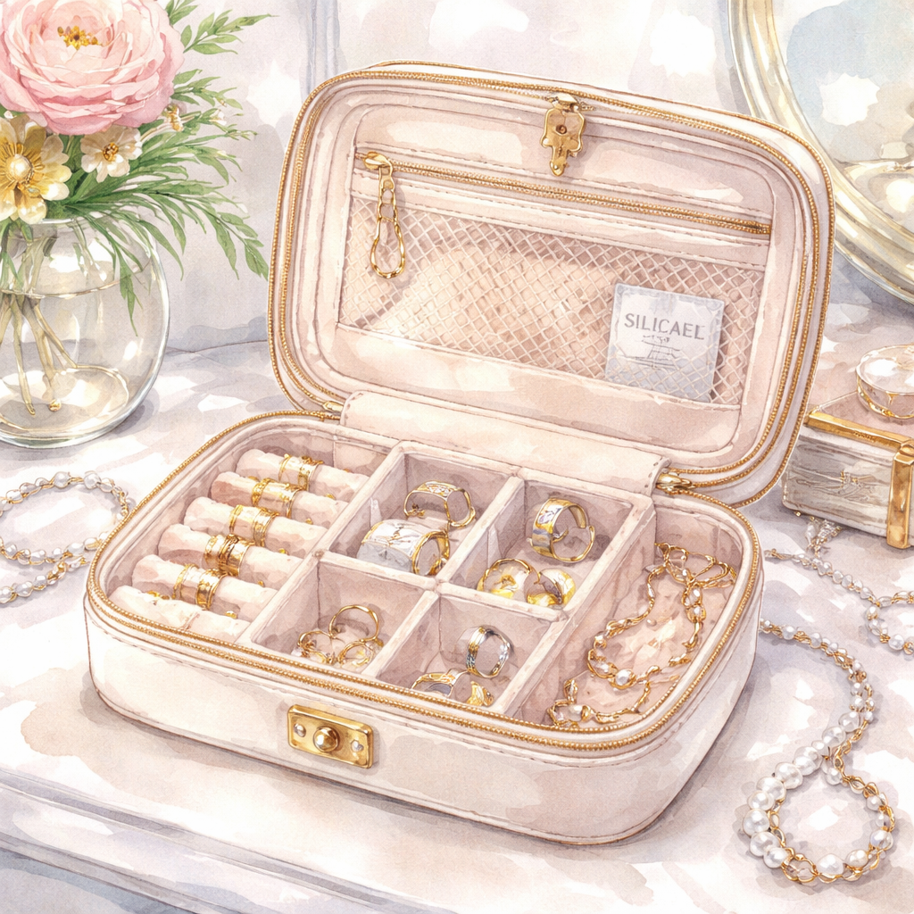 A watercolor illustration of an elegant travel jewelry organizer open on a vanity, showing velvet-lined compartments, silica‑gel packet, and a lockable zip pocket. Alt: diamond veneer travel jewelry organizer best luxury care display
