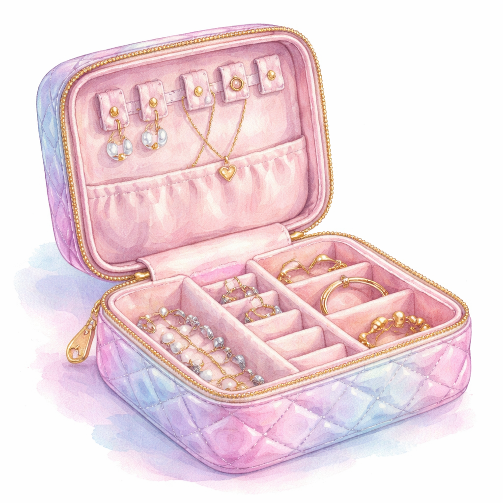 A watercolor illustration of a budget-friendly diamond veneer travel jewelry organizer cheap with soft interior pockets and a zip closure. Alt: cheap diamond veneer travel jewelry organizer cheap in pastel tones