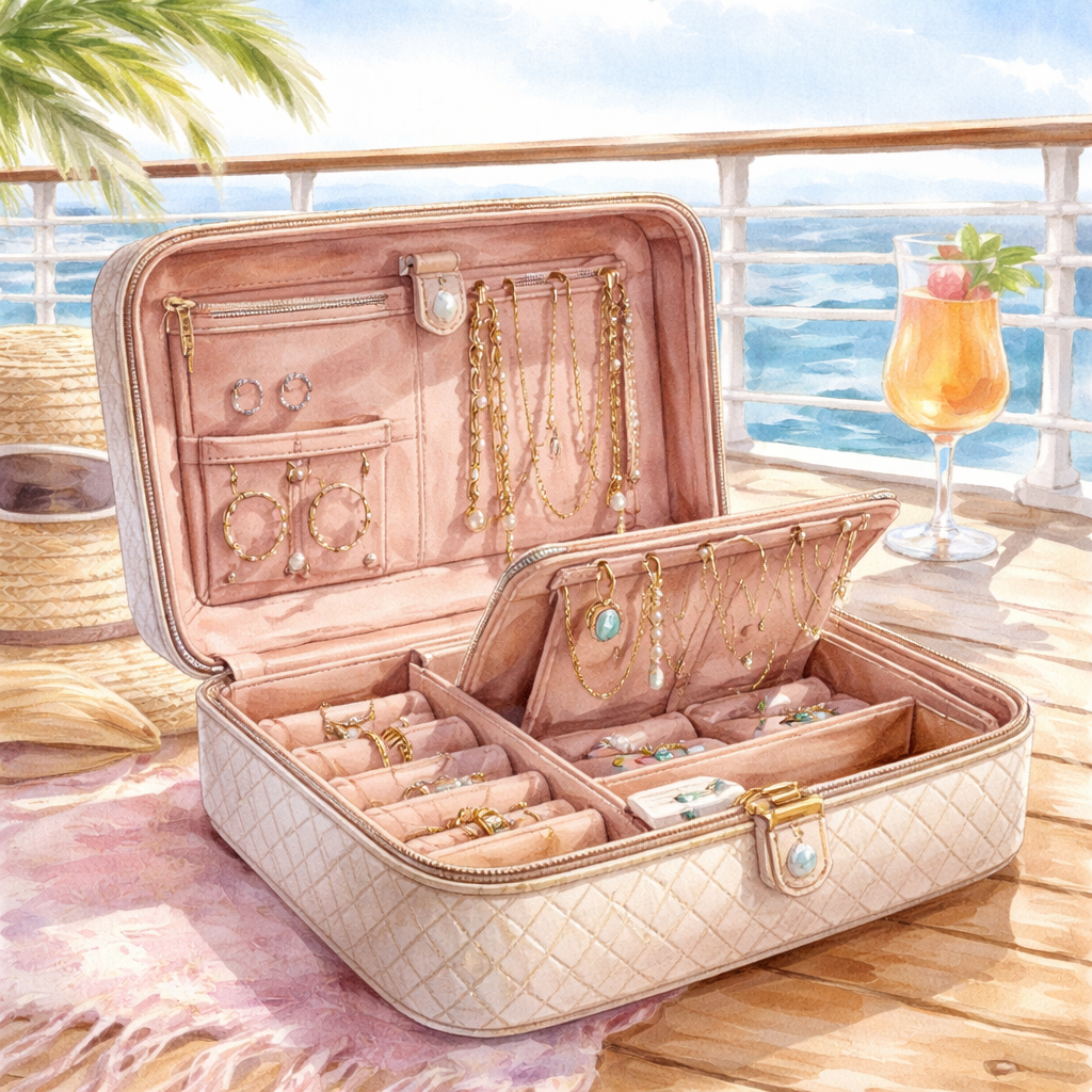 A watercolor painting of an elegant diamond veneer travel jewelry organizer opened on a cruise deck, showing velvet pockets, leather straps, and a removable jewelry stand. Alt: diamond veneer travel jewelry organizer for cruise with soft interior compartments.