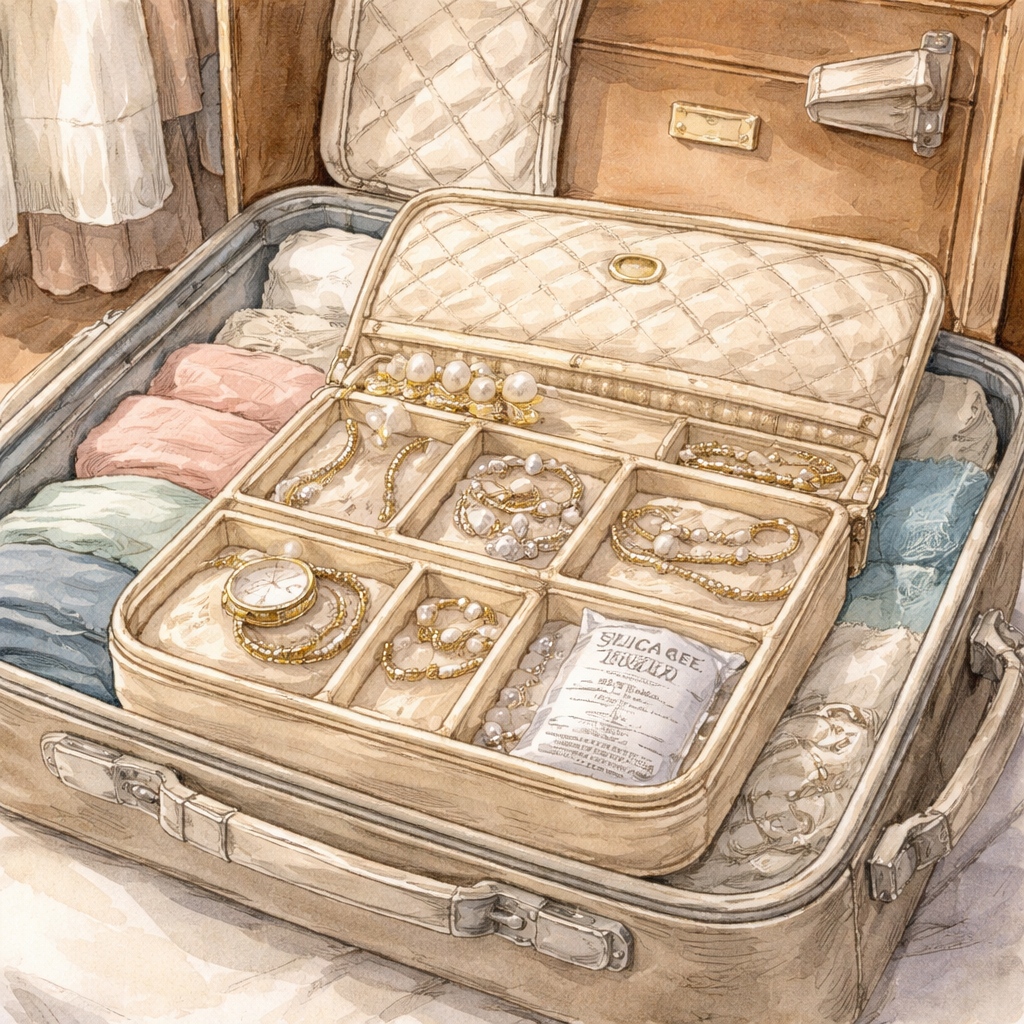 A watercolor painting of a cruise cabin wardrobe with a diamond veneer travel jewelry organizer neatly packed inside a suitcase, showing compartments and a silica‑gel packet. Alt: diamond veneer travel jewelry organizer for cruise packed efficiently.