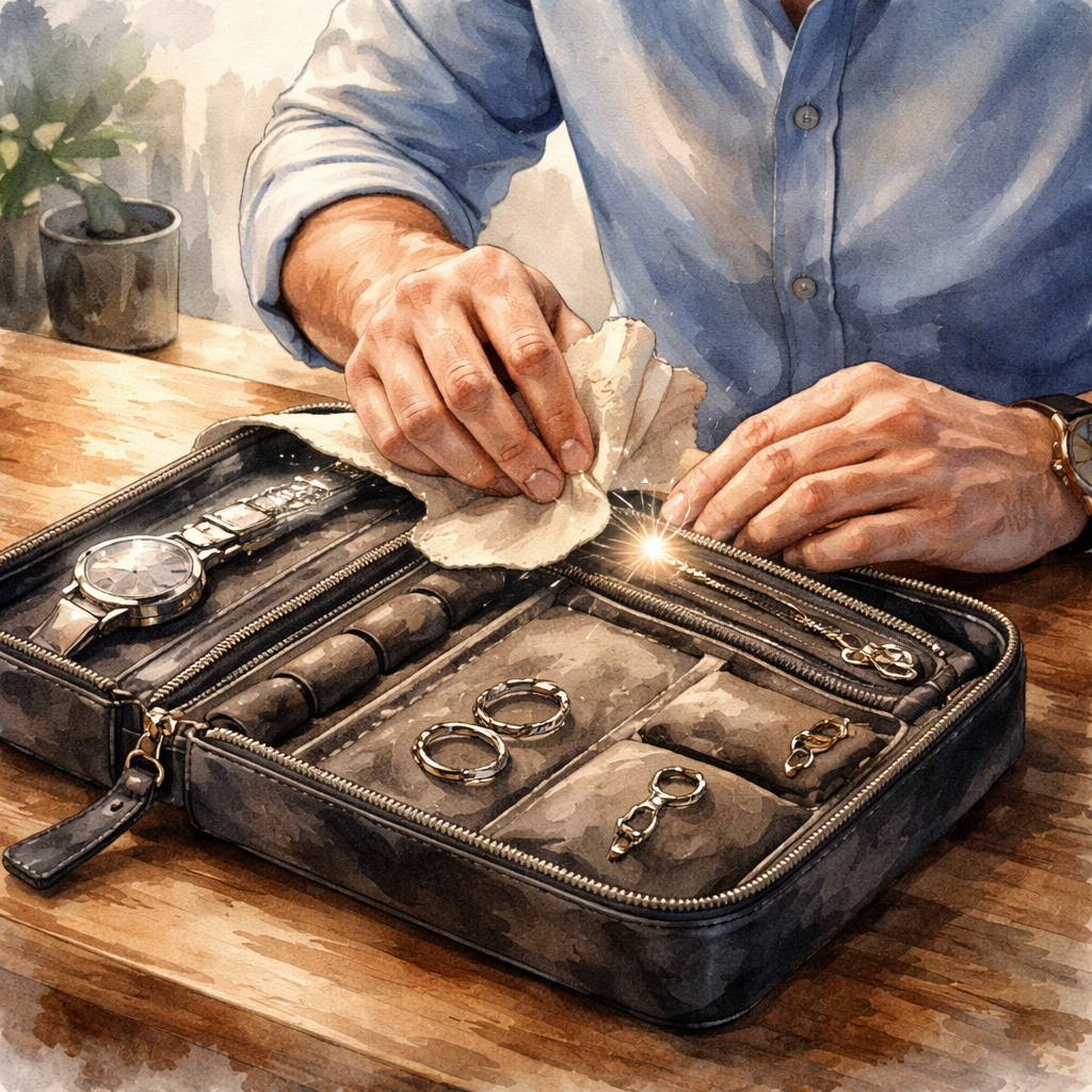 A watercolor scene of a man gently wiping a travel jewelry organizer with a soft cloth, showing a sparkle effect on the metal. Alt: cleaning diamond veneer travel jewelry organizer for men