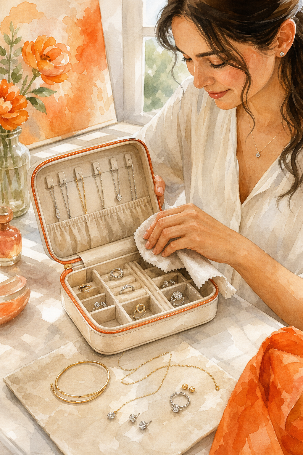 Watercolor illustration of a woman wiping a jewelry organizer with a soft cloth, with jewelry pieces laid out. Alt: Cleaning a diamond veneer travel jewelry organizer to maintain shine.