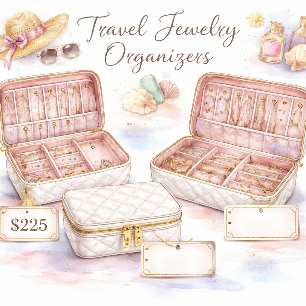 A watercolor illustration of a sleek travel jewelry organizer open to show velvet compartments, with a price tag of $225 on the smallest size and larger boxes labeled with blank price areas, appealing to stylish women planning a trip. Alt: Diamond veneer travel jewelry organizer price list watercolor illustration
