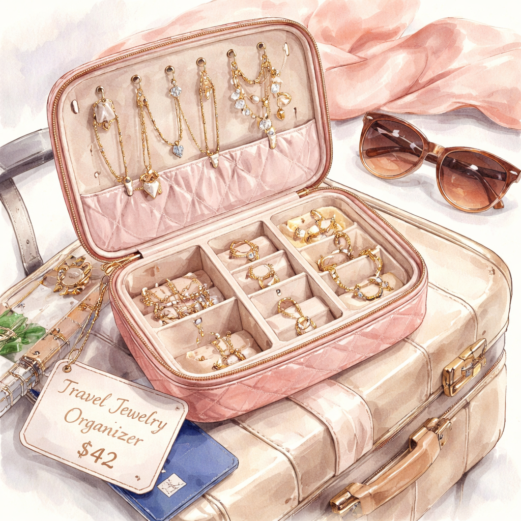 A watercolor painting of a luxurious travel jewelry organizer open to show velvet compartments and a price tag, set on a sleek suitcase with a passport and sunglasses, appealing to fashionable women travelers. Alt: Diamond veneer travel jewelry organizer price list illustration