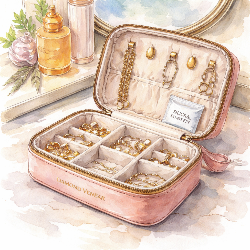 A watercolor painting of a Diamond Veneer travel jewelry organizer open on a vanity, showing a soft velvet interior, leather exterior, and a tiny silica‑gel packet tucked in, appealing to fashion‑forward travelers. Alt: diamond veneer travel jewelry organizer review durability care maintenance watercolor illustration