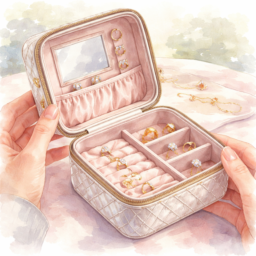 Watercolor illustration of a travel jewelry case being opened, showing soft velvet interior and sleek outer shell. Alt: diamond veneer travel jewelry organizer unboxing velvet interior