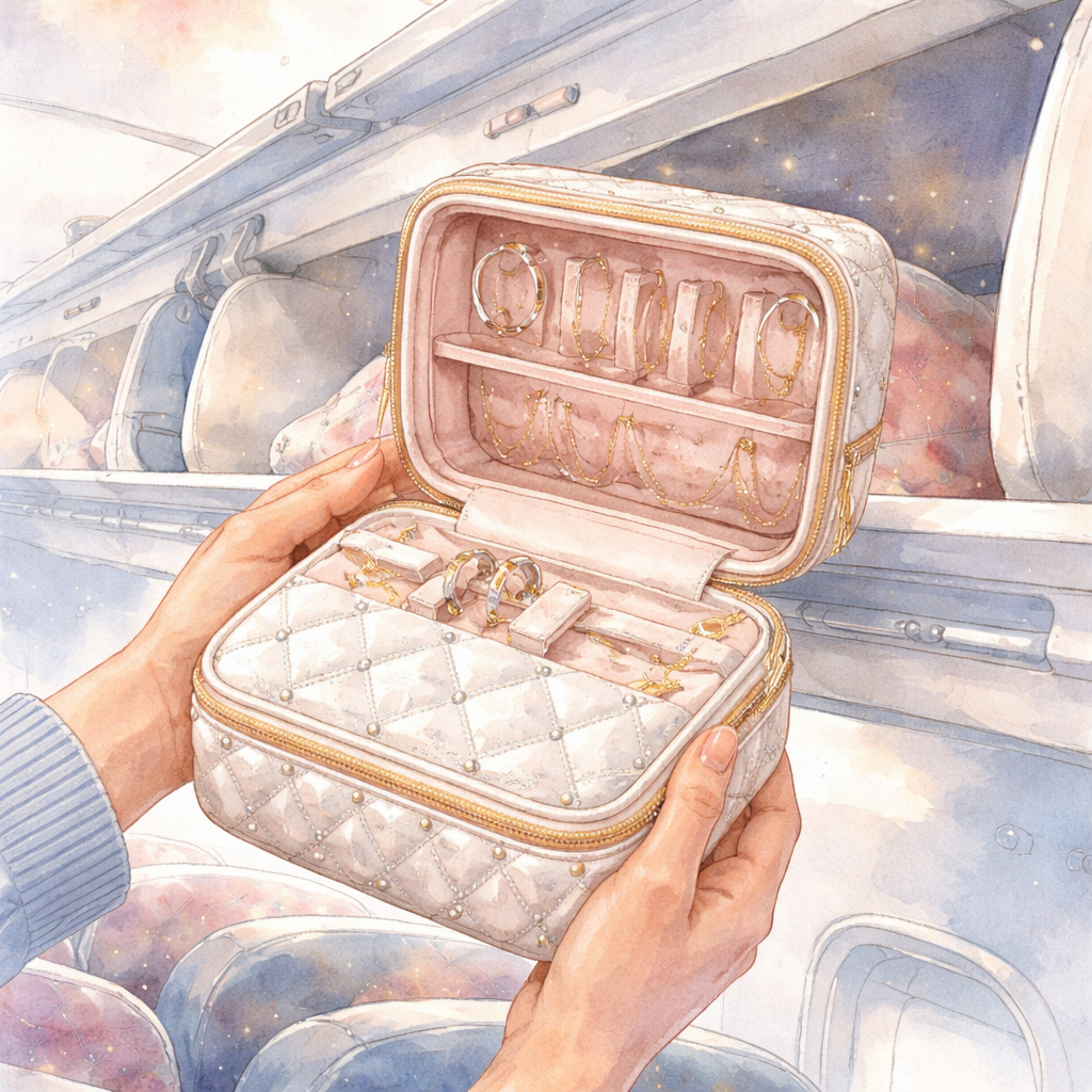 Watercolor scene of a travel jewelry case being tossed into an overhead bin, showing sturdy exterior and soft interior. Alt: diamond veneer travel jewelry organizer durability test