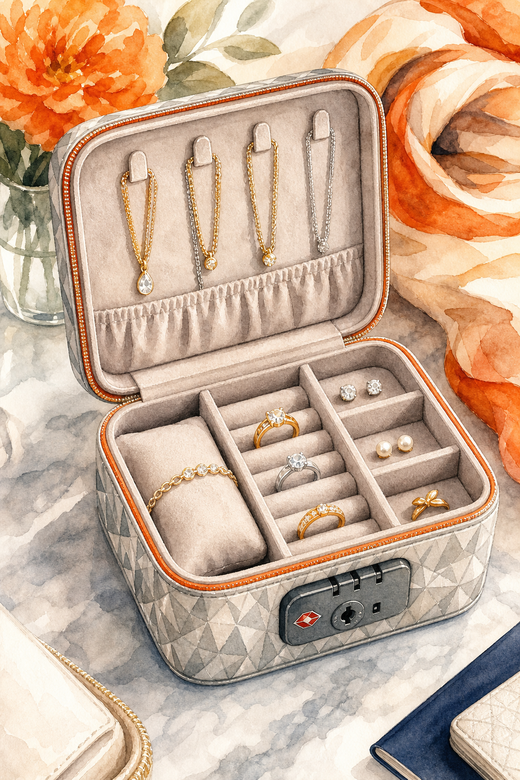Watercolor illustration of a travel jewelry organizer open, showing velvet compartments, necklace slots, and a TSA‑approved lock. Alt: diamond veneer travel jewelry organizer with TSA lock compartments