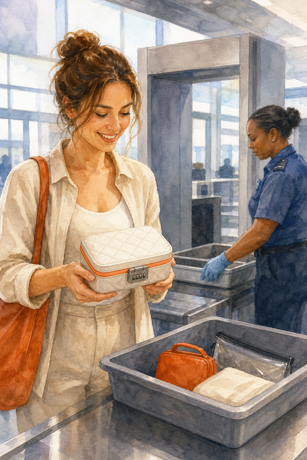 Watercolor scene of a traveler holding a jewelry organizer with a TSA‑approved lock, standing beside an airport security checkpoint. Alt: diamond veneer travel jewelry organizer with TSA lock at security