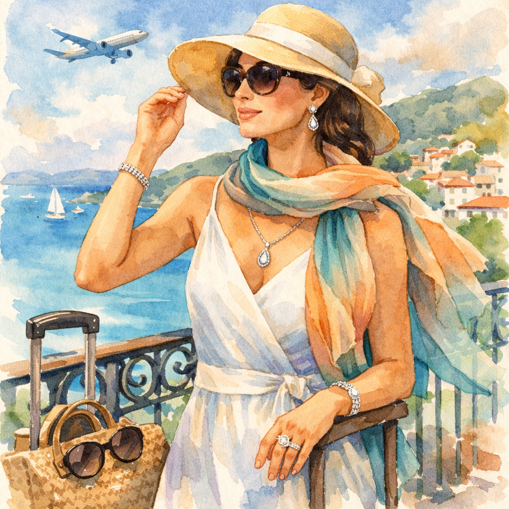Watercolor scene of a stylish traveler on a balcony, mixing a diamond veneer pendant with a silk scarf, showing how travel jewelry can complement a destination outfit. Alt: accessorize with diamond veneer travel jewelry set for airline arrival