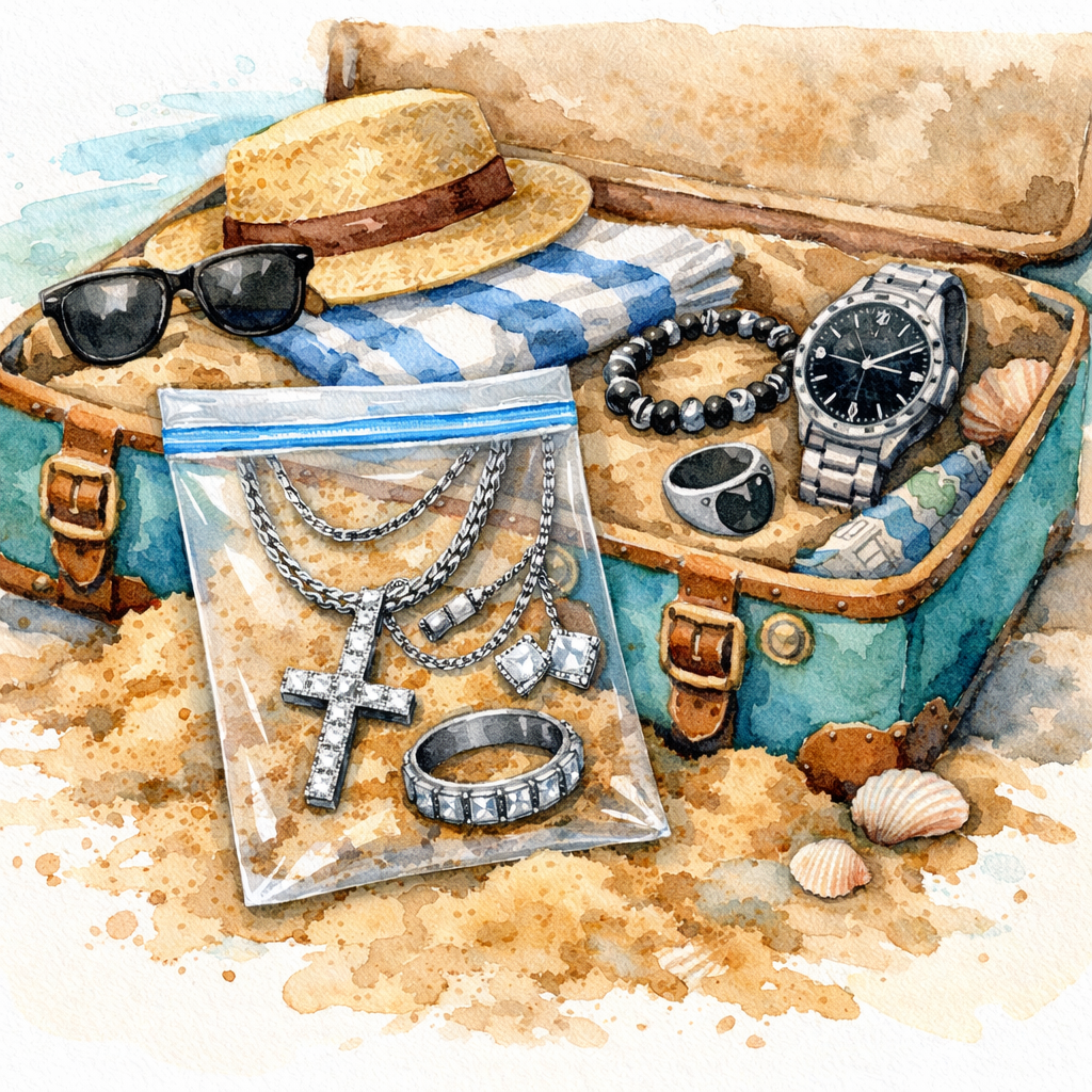 Watercolor illustration of a beach suitcase with a zip‑lock bag holding jewelry, soft sand spilling out, alt: diamond veneer travel jewelry set for beach vacation men packing guide